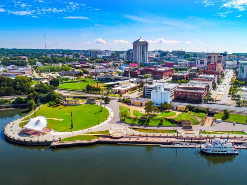 Aerial view of downtown Montgomery, Alabama riverfront and surrounding development area near commercial and residential properties for land surveying projects