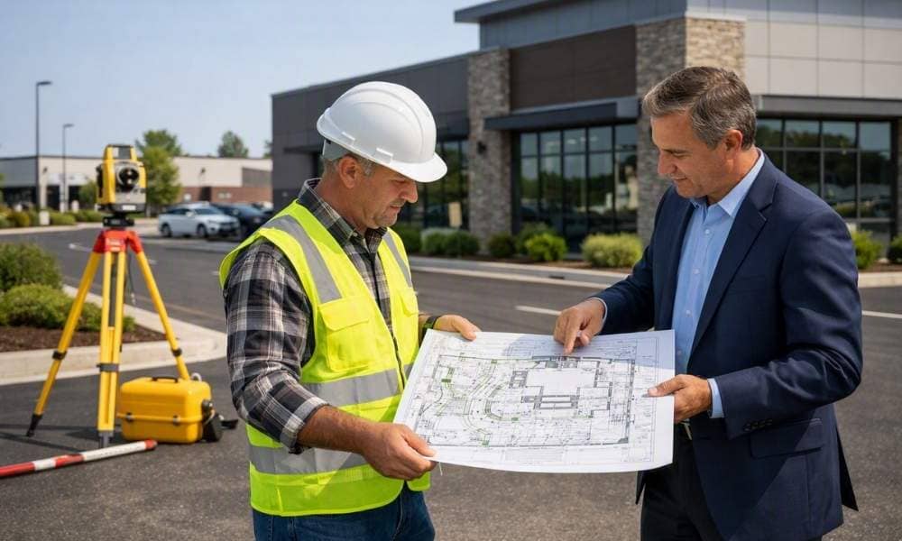 Commercial property alta survey montgomery alabama | Montgomery Land Surveying Surveyor reviewing commercial property conditions during an ALTA survey in Montgomery Alabama
