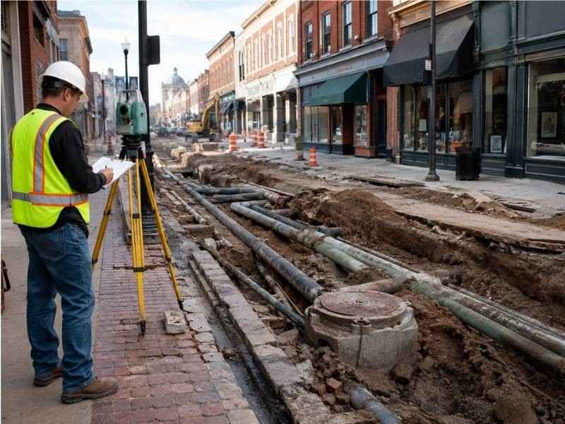 historic downtown utility land records | Montgomery Land Surveying Surveyor documenting exposed utility lines and property evidence during reconstruction on a historic downtown street.