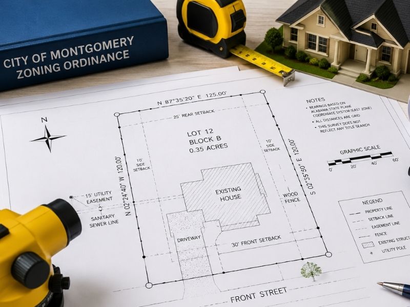 plat of survey montgomery al | Montgomery Land Surveying Property site plan showing a house on Lot 12, Block B (0.35 acres) with front and side setbacks and a driveway, plus a yellow measuring tape and a model house nearby for context of zoning.